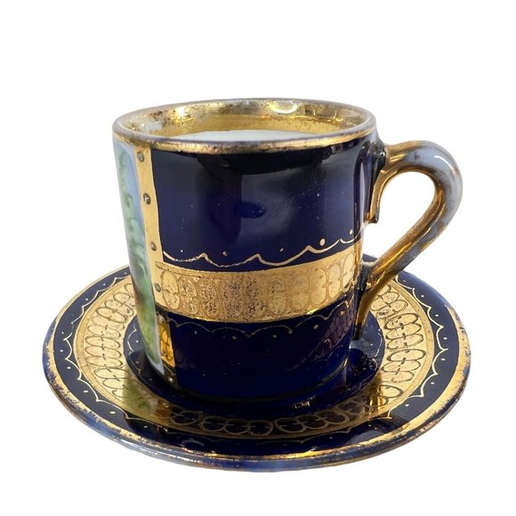 Miniature Royal Vienna Ackerman & Fritze Tea Cup & Saucer Cobalt Blue Demitasse - Picture 12 of 12